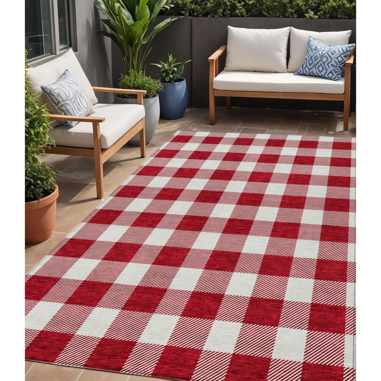 Edge Collections - 5' x 8' - Red - Washable Plaid Area Rug for Indoor and Outdoor Use - 1 Piece